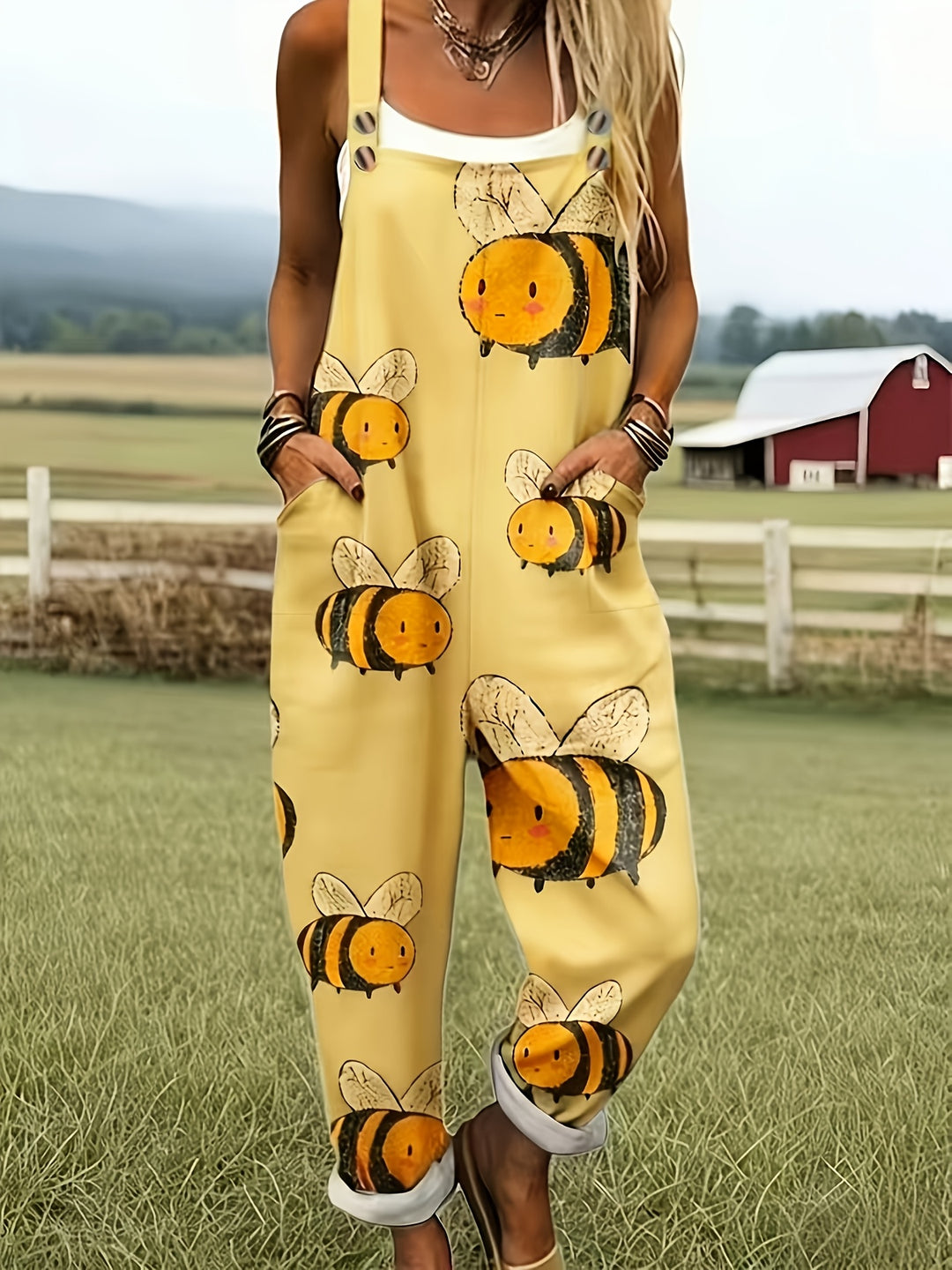 Groene Jumpsuit met Cartoon Bijenpatroon - 0578