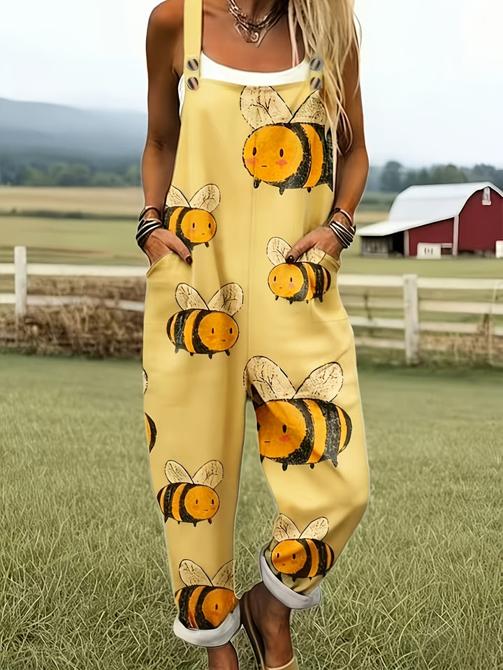 Groene Jumpsuit met Cartoon Bijenpatroon - 0578