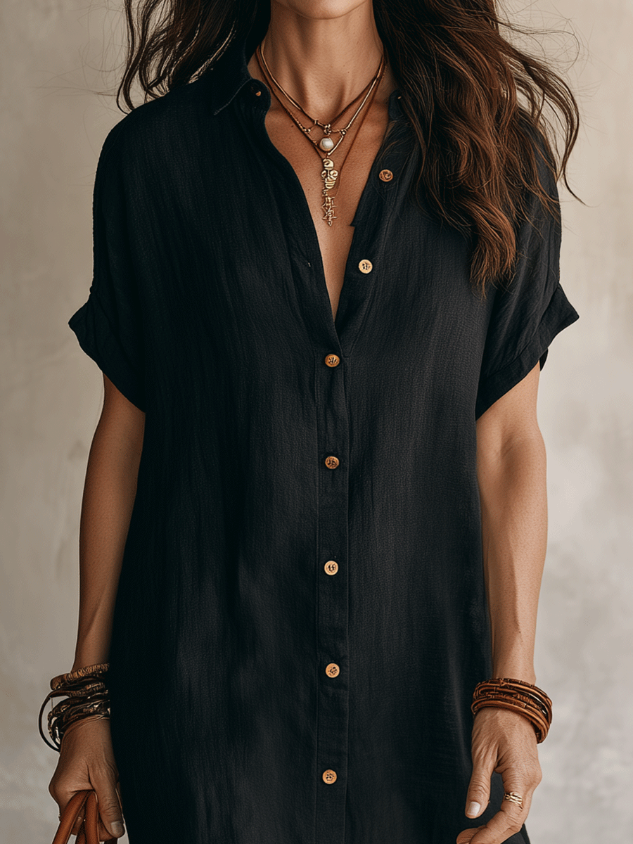 Modern Boho Effortless Black Relaxed Midi Dress