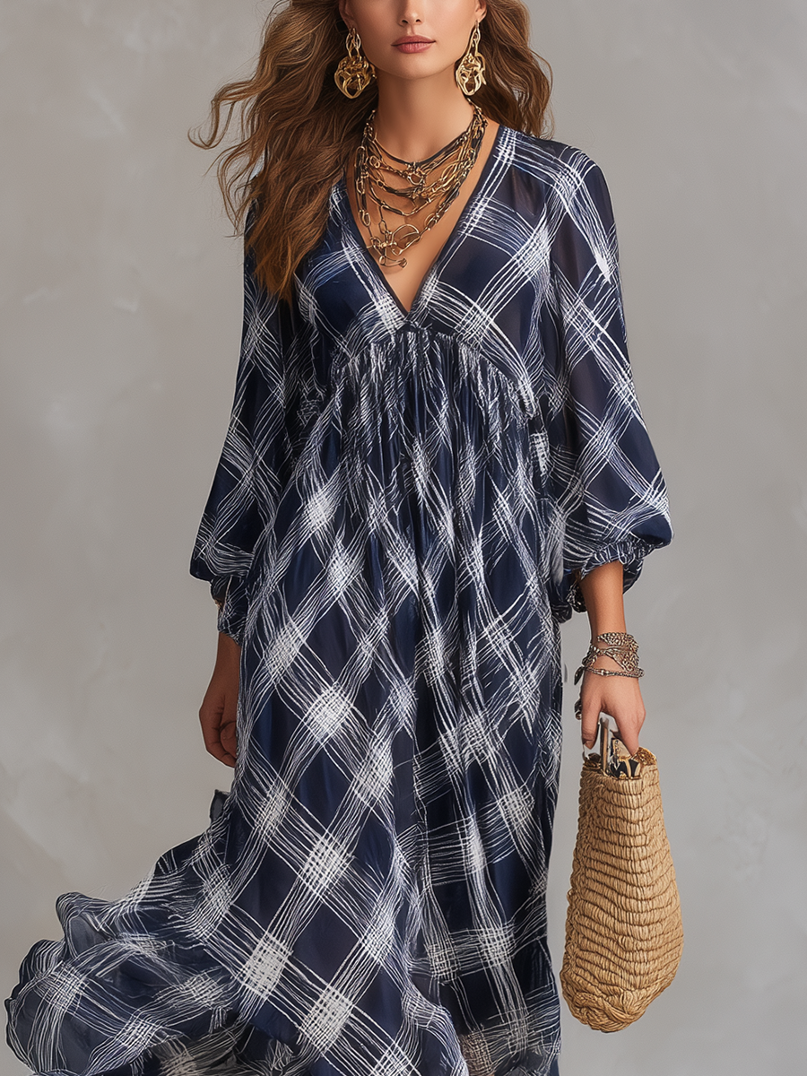 French Style Relaxed Navy Blue Checked Flowing Maxi Dress