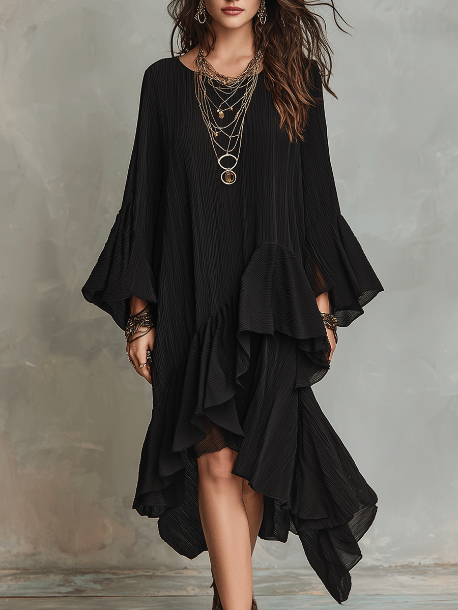 Elegant Asymmetrical Ruffle Black Boho Midi Dress