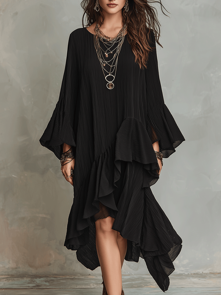 Elegant Asymmetrical Ruffle Black Boho Midi Dress