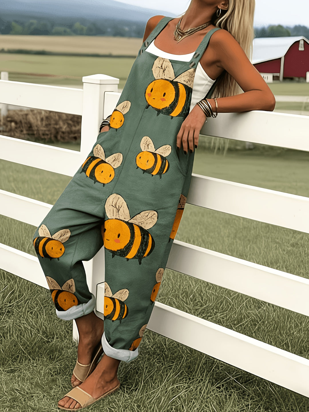 Groene Jumpsuit met Cartoon Bijenpatroon - 0578