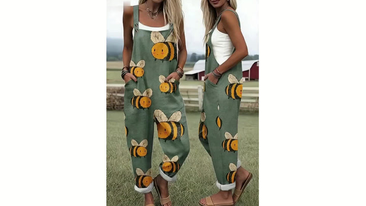 Groene Jumpsuit met Cartoon Bijenpatroon - 0578