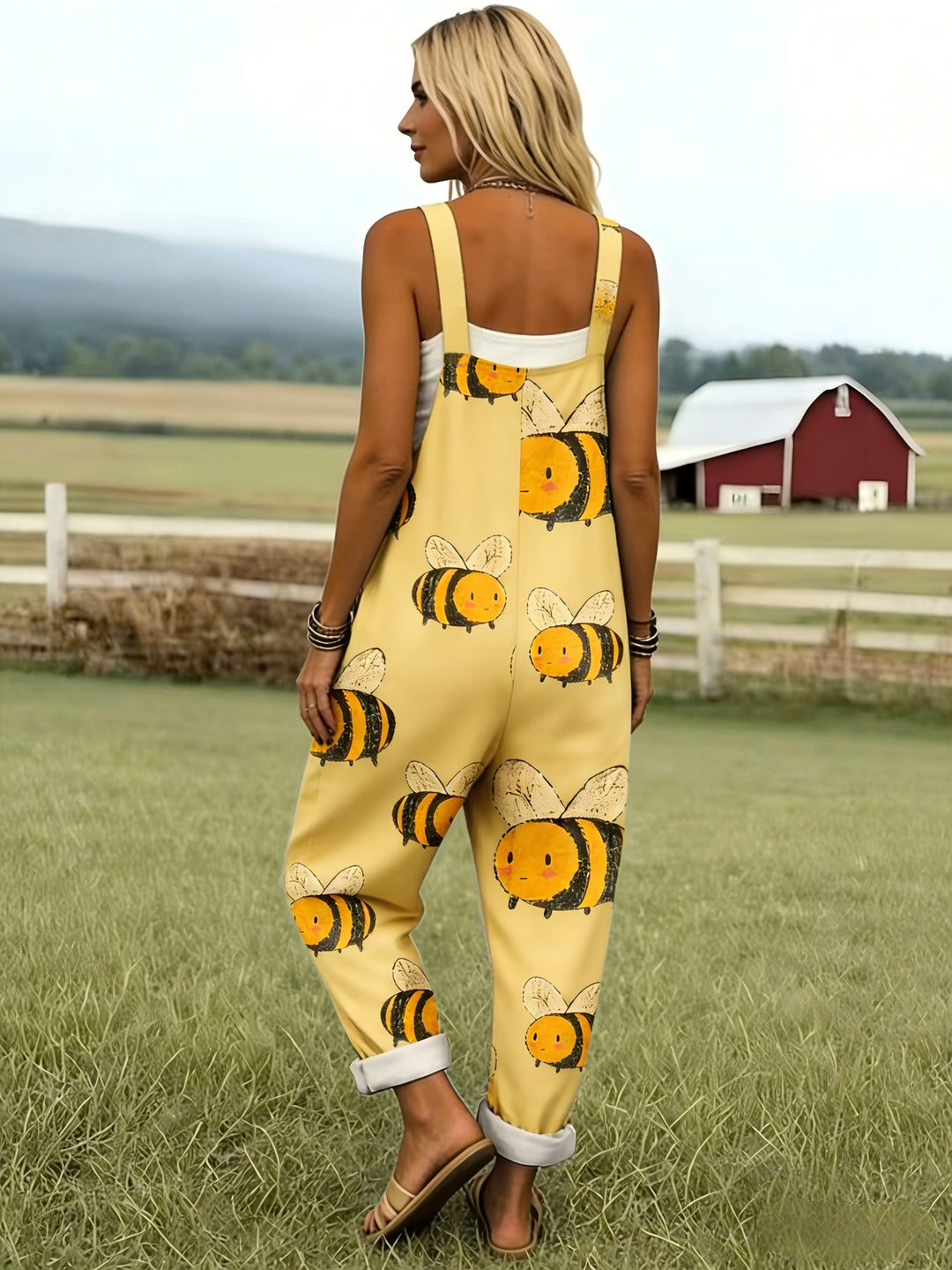 Groene Jumpsuit met Cartoon Bijenpatroon - 0578
