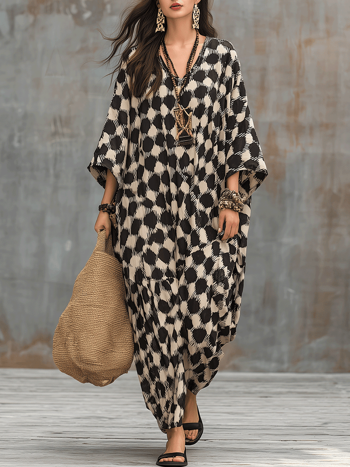 Bohemian Inspired Relaxed Fit Polka Dot Kaftan Maxi Dress