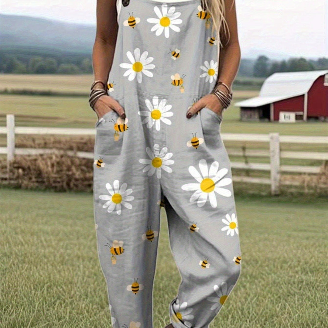 Plus Size - Plus Size - Plus Size Dames Casual Overalls met Bloemen Daisy Print, met Witte Madeliefjes en Gele Bijen, Gemaakt van Lichtgewicht Stof die Machinewasbaar is, Perfect voor Lente, Zomer en Herfst Casual Kleding, Bezoek aan de Boerderij, Picknic