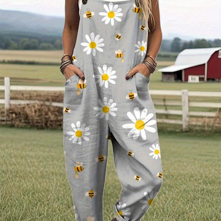 Plus Size - Plus Size - Plus Size Dames Casual Overalls met Bloemen Daisy Print, met Witte Madeliefjes en Gele Bijen, Gemaakt van Lichtgewicht Stof die Machinewasbaar is, Perfect voor Lente, Zomer en Herfst Casual Kleding, Bezoek aan de Boerderij, Picknic