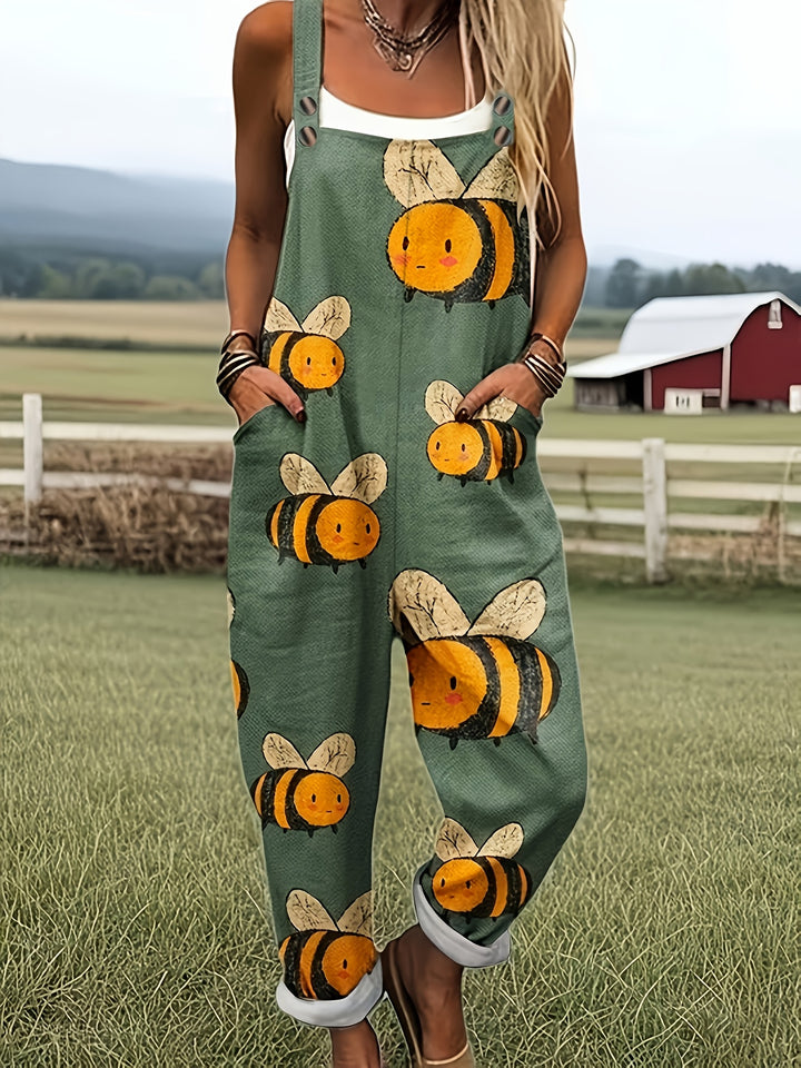 Groene Jumpsuit met Cartoon Bijenpatroon - 0578