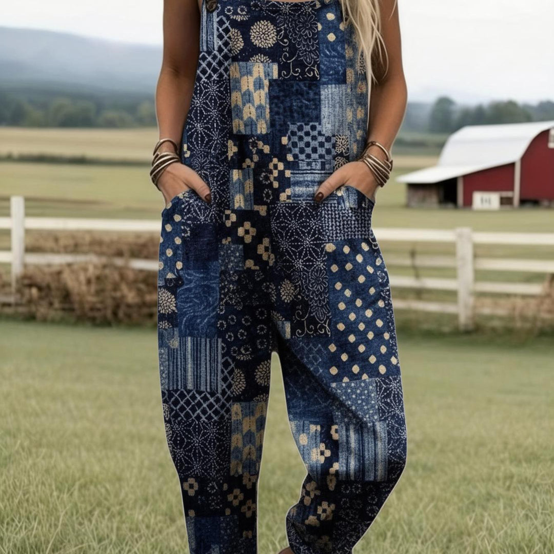 Plus Size - Plus Size - Plus Size, Dames Full Printed Overalls Jumpsuit Boho Patchwork Overalls Dames Boheemse Stijl Blauwe Print Jumpsuit Casual Zomer Outfit Boerderij Veld Look Print Romper met Zakken, Geschikt voor Lente Zomer Herfst