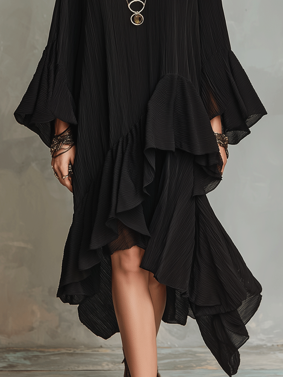 Elegant Asymmetrical Ruffle Black Boho Midi Dress