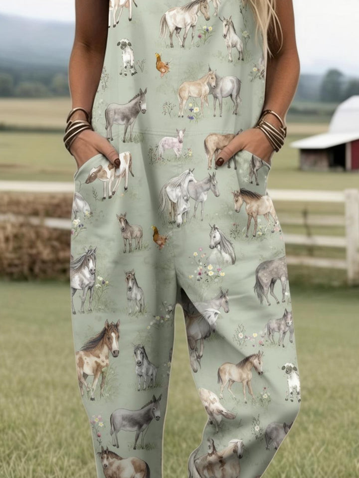Plus Size - Plus Size - Dames Overalls Jumpsuit met Volledig Print, met een Schattig Paardendesign, Perfect voor Casual Zomerse Boerderijstijl Kleding. Deze Country Chic Romper bevat Zakken en is Geschikt voor Lente, Zomer.
