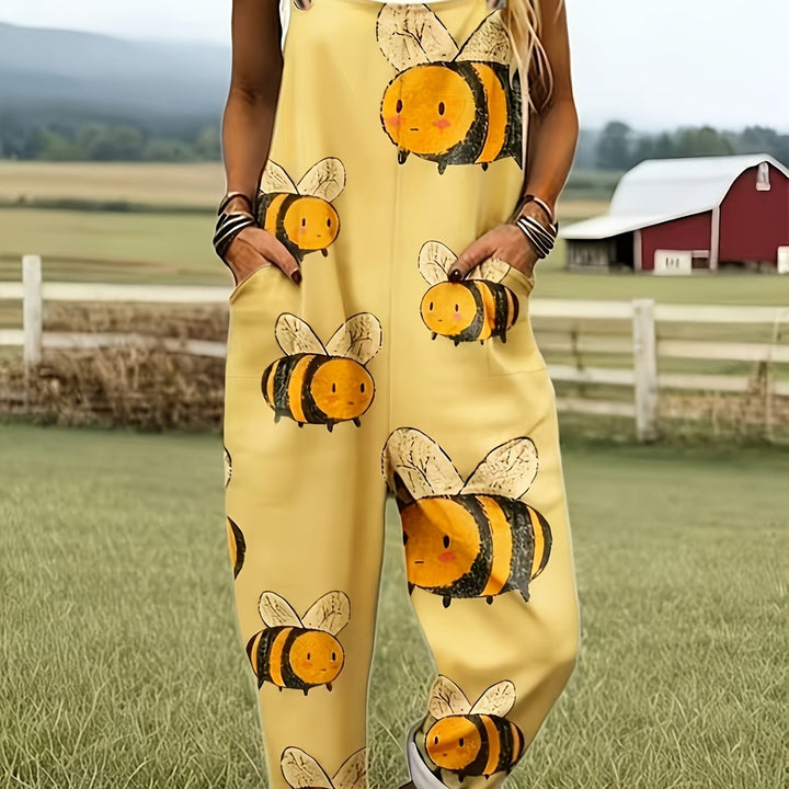 Groene Jumpsuit met Cartoon Bijenpatroon - 0578