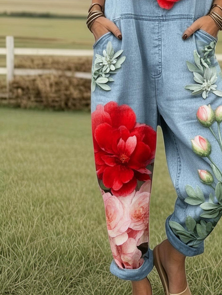 Plus Size - Plus Size - Plus Size, Dames Full Printed Overalls Jumpsuit Bloemen Denim Overalls Dames Boho Stijl Zomer Tuin Look Casual Jumpsuit Fashion Outfit Print Romper met Zakken, Geschikt voor Lente Zomer Herfst
