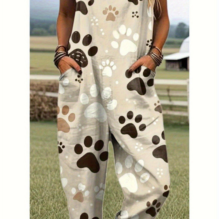 Grote maten, elegante overall voor dames in grote maten - Beige en bruine pootafdrukpatronen, machinewasbare polyester overall voor dierenliefhebbers, alledaagse en formele kleding - Comfortabele H-vormige contour met speels dierenpootafdrukontwerp
