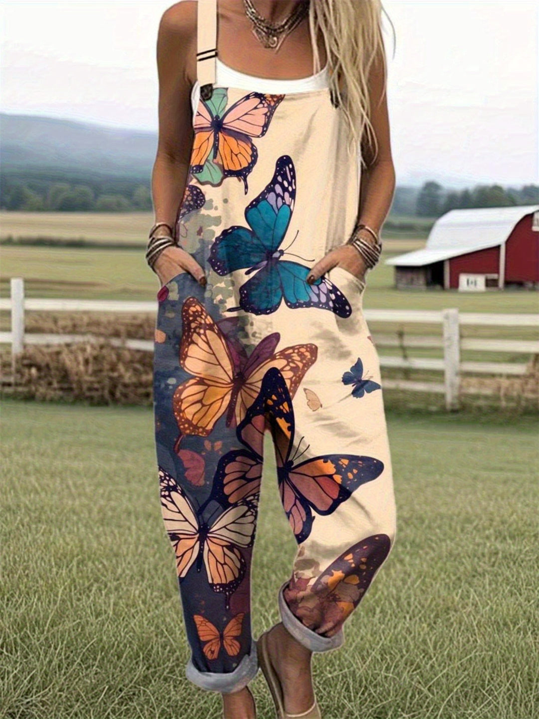 Plus Size - Plus Size - Plus Size Dames Casual Bedrukte Overalls, Losse Jumpsuit met Vlinderpatroon, Hoge Taille Rechte Wijde Pijpen Broek, Stijlvolle En Veelzijdige Leeftijdverlagende Lange Broek, Machinewasbaar