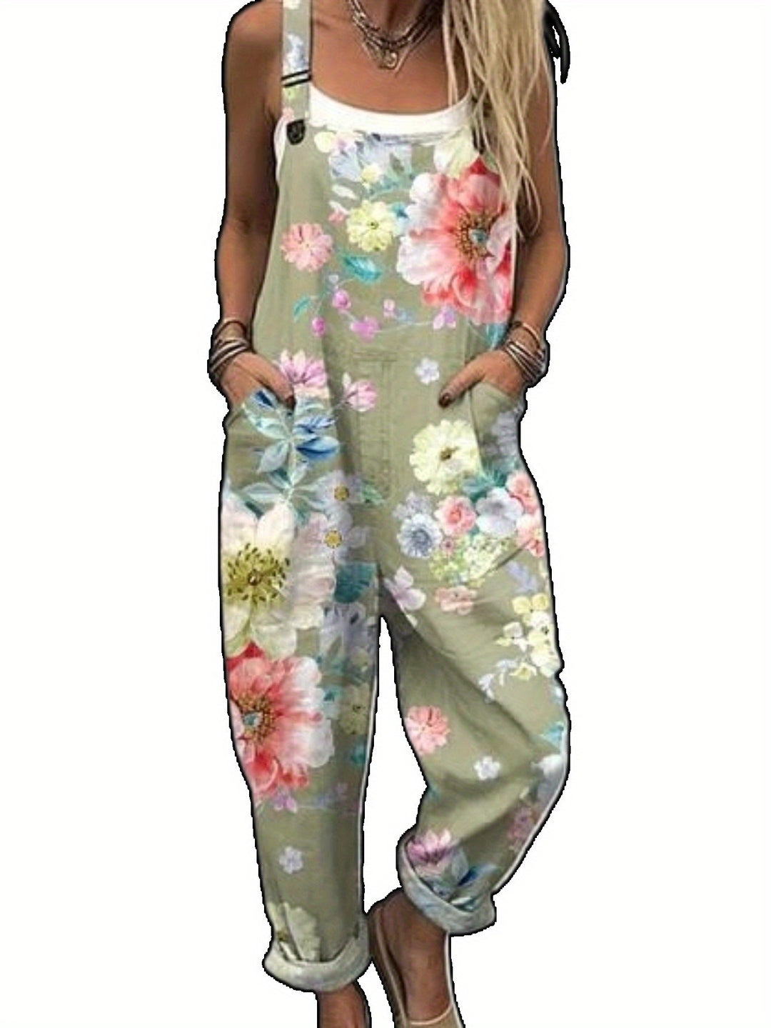Plus Size - Plus Size - Plus Size, Dames Plus Size Overalls Lente en Zomer Nieuwe Dames Leuke en Frisse Bloemen Dierenprint Casual en Comfortabele Schouderband Wijde Pijpen Jumpsuit Losse Versie, Zakknop Design, Niet Verstelbaar