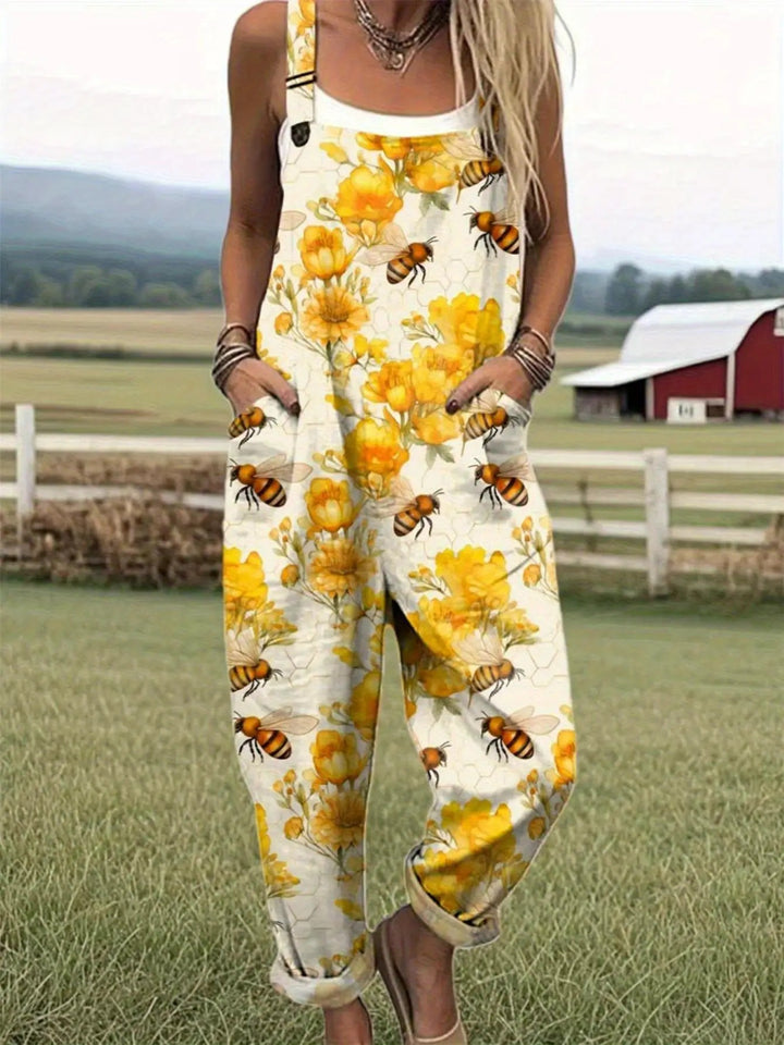 Plus Size - Plus Size - Plus Size Dames Casual Tuinbroek met Bij- en Bloemenprint, met Levendige Gele Bijen en Zwarte Bloempatronen, Gemaakt van Lichtgewicht en Ademende Stof, Machinewasbaar