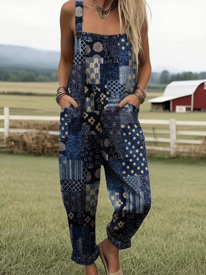 Plus Size - Plus Size - Plus Size, Dames Full Printed Overalls Jumpsuit Boho Patchwork Overalls Dames Boheemse Stijl Blauwe Print Jumpsuit Casual Zomer Outfit Boerderij Veld Look Print Romper met Zakken, Geschikt voor Lente Zomer Herfst