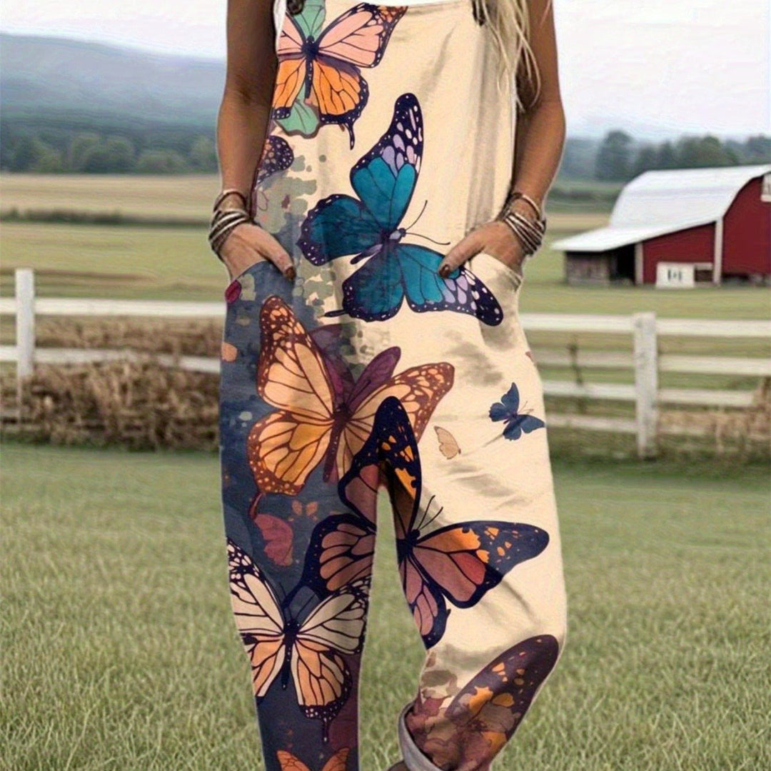 Plus Size - Plus Size - Plus Size Dames Casual Bedrukte Overalls, Losse Jumpsuit met Vlinderpatroon, Hoge Taille Rechte Wijde Pijpen Broek, Stijlvolle En Veelzijdige Leeftijdverlagende Lange Broek, Machinewasbaar