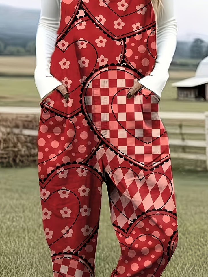 Plus Size - Plus Size - Plus Size Dames Casual Bedrukte Overalls, Rood Geruit Bloemmotief Bretels, Losvallende Lange Broek in Landelijke Stijl, Nieuwe Modieuze Damesbroek voor de Lente