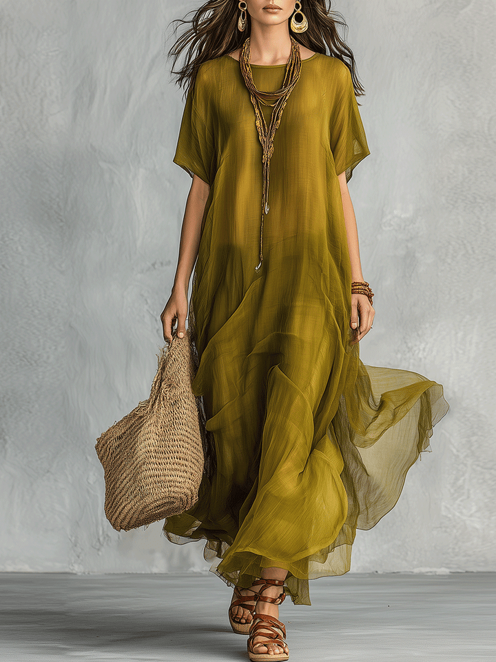 Olive Green Bohemian Maxi Dress with Draped Silhouette