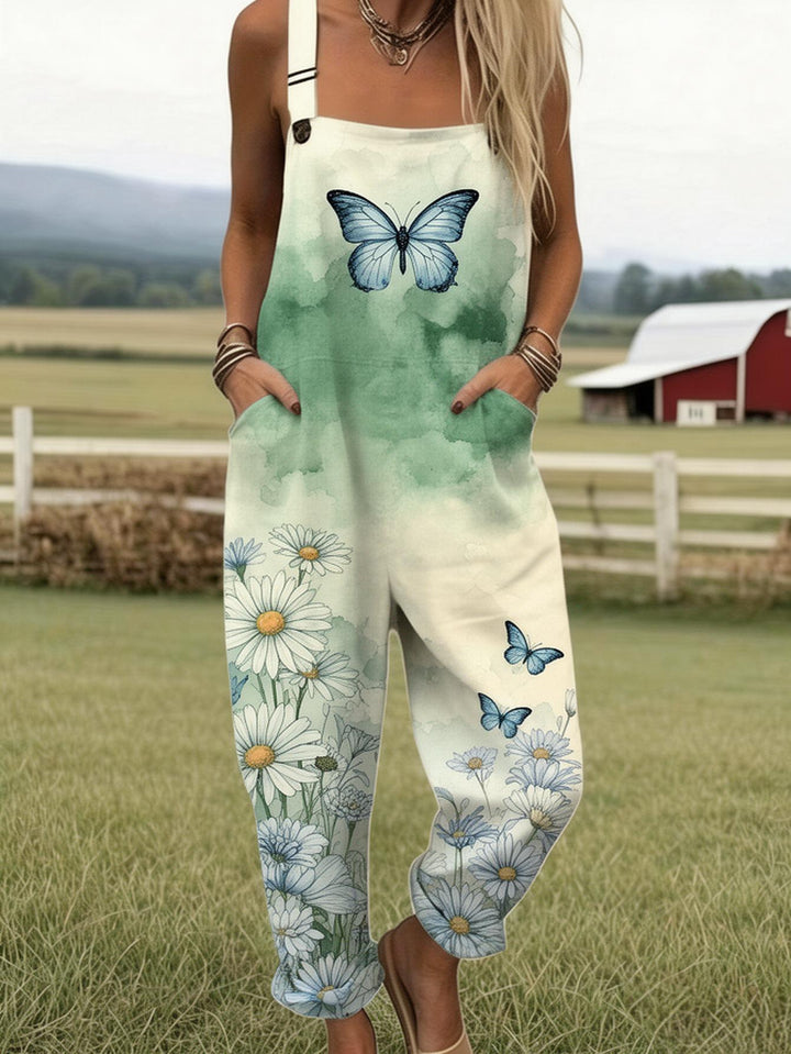 Plus Size - Plus Size - Plus Size, Dames Volledig Bedrukte Overalls Jumpsuit Vlinder Madeliefje Print Jumpsuit Dames Boho Zomer Overalls Bloemen Tuin Outfit Casual Losse Broek Print Romper met Zakken, Geschikt voor Lente Zomer Herfst
