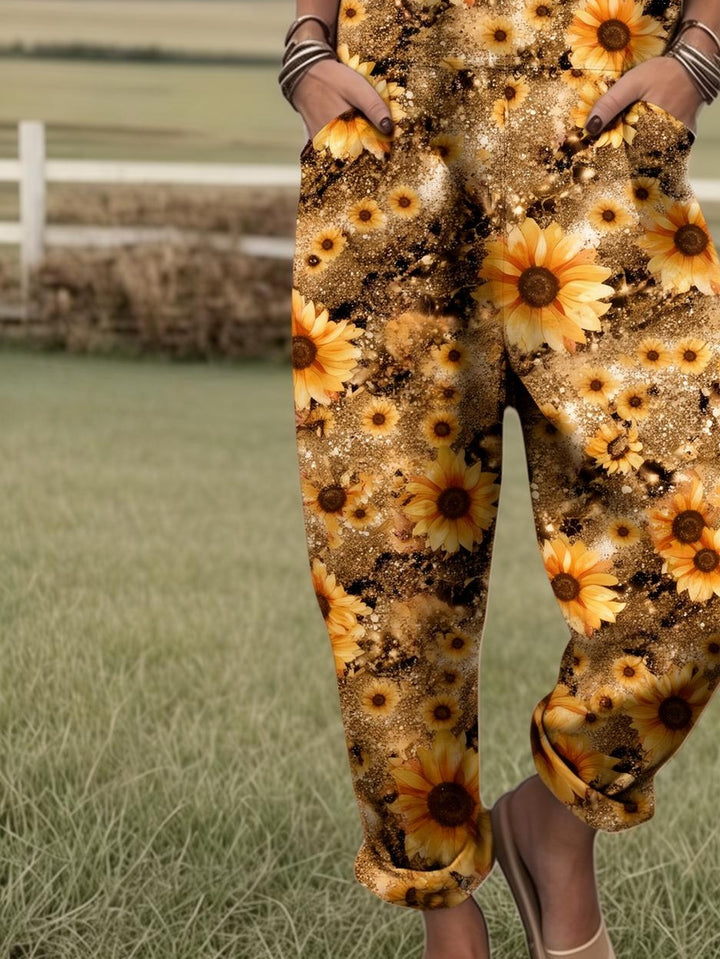 Plus Size - Plus Size - Plus Size, Dames Full Bedrukte Overalls Jumpsuit Zonnebloem Print Jumpsuit Dames Boho Overalls Landelijke Boerderij Stijl Casual Zomer Outfit Print Romper met Zakken, Geschikt voor Lente Zomer Herfst, Machinewasbare Casual Outfit
