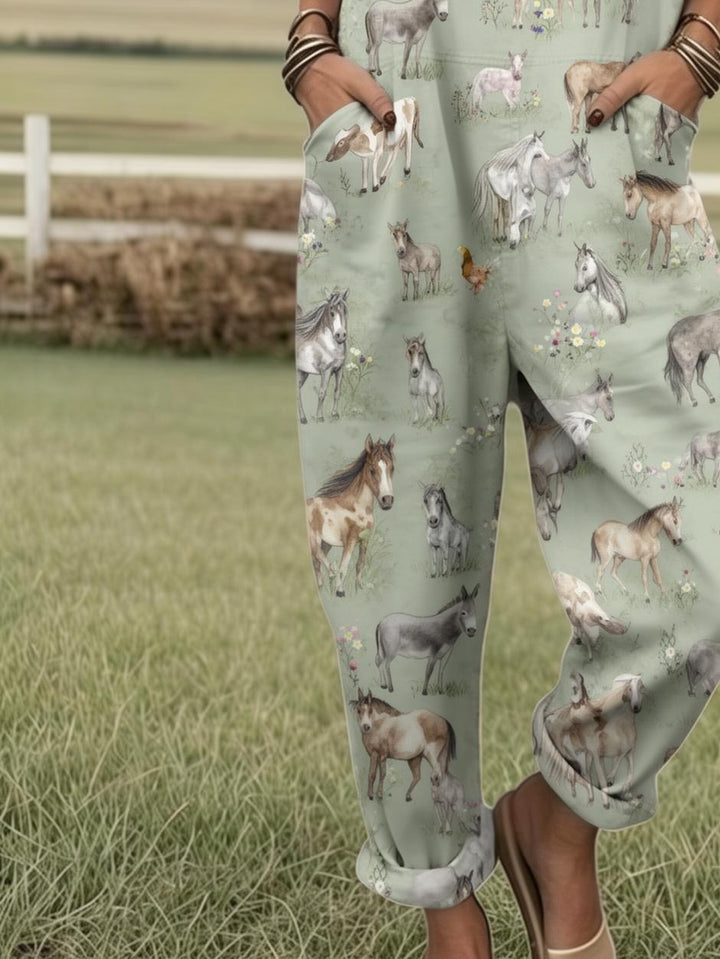 Plus Size - Plus Size - Dames Overalls Jumpsuit met Volledig Print, met een Schattig Paardendesign, Perfect voor Casual Zomerse Boerderijstijl Kleding. Deze Country Chic Romper bevat Zakken en is Geschikt voor Lente, Zomer.