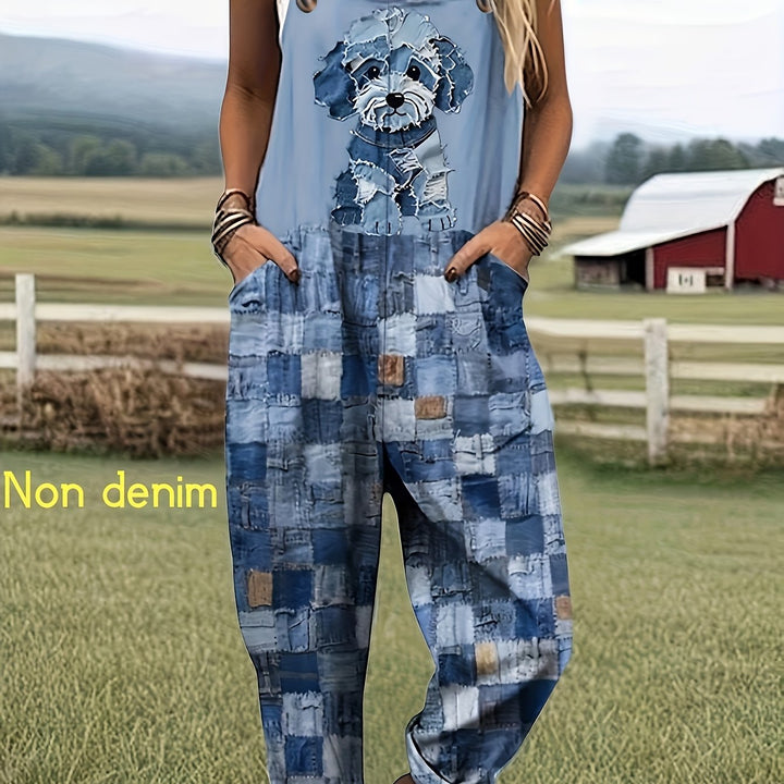 [Bedrukte Broek - Geen Denim Stof] Puppy Imitatie Denim Patchwork Print Losse Casual Mouwloze Tuinbroek met Zakken - BJ040
