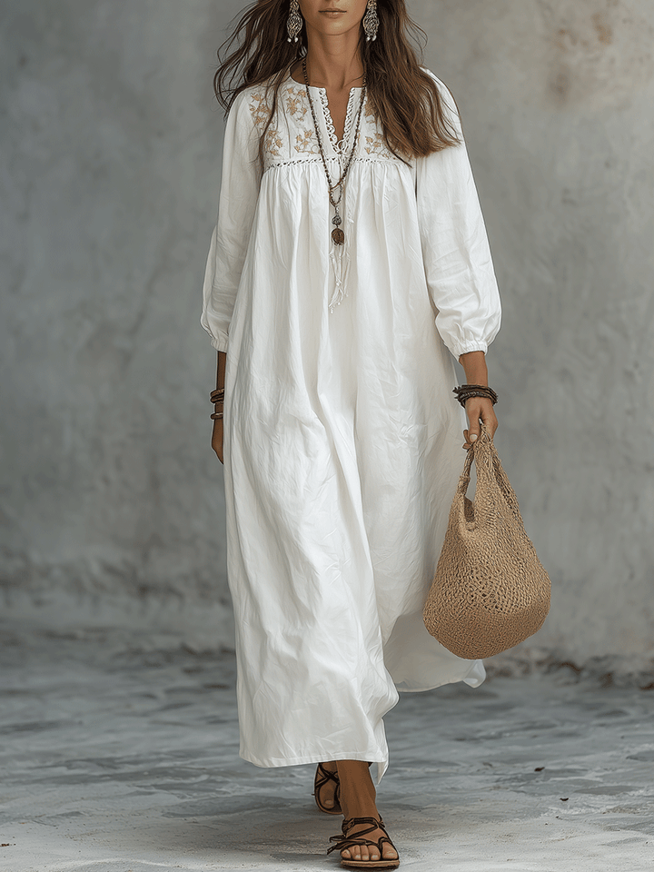 Bohemian White Maxi Dress with Floral Embroidery and Balloon Sleeves