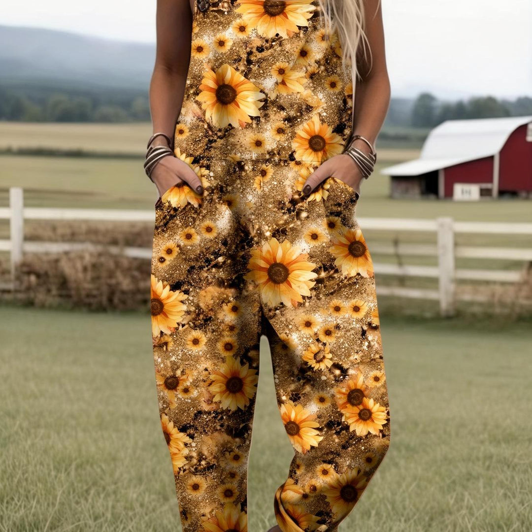 Plus Size - Plus Size - Plus Size, Dames Full Bedrukte Overalls Jumpsuit Zonnebloem Print Jumpsuit Dames Boho Overalls Landelijke Boerderij Stijl Casual Zomer Outfit Print Romper met Zakken, Geschikt voor Lente Zomer Herfst, Machinewasbare Casual Outfit