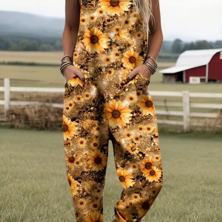 Plus Size - Plus Size - Plus Size, Dames Full Bedrukte Overalls Jumpsuit Zonnebloem Print Jumpsuit Dames Boho Overalls Landelijke Boerderij Stijl Casual Zomer Outfit Print Romper met Zakken, Geschikt voor Lente Zomer Herfst, Machinewasbare Casual Outfit
