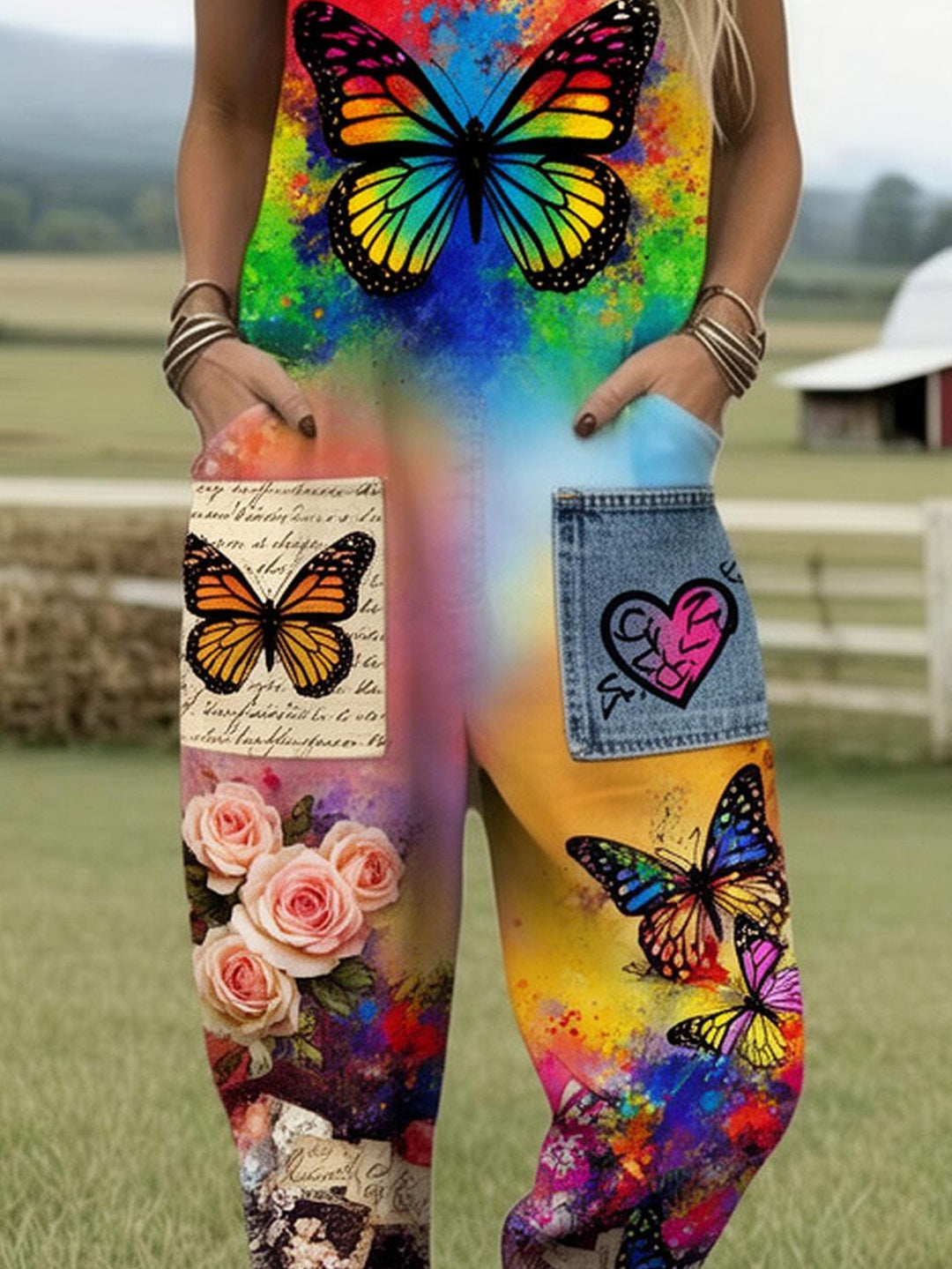 Plus Size - Plus Size - Plus Size, Dames Volledig Bedrukte Overalls Jumpsuit Kleurrijke Vlinderprint Overalls Boho Stijl Dames Jumpsuit Tuinfeest Outfit Zomer Mode Print Romper met Zakken, Geschikt voor Lente Zomer Herfst