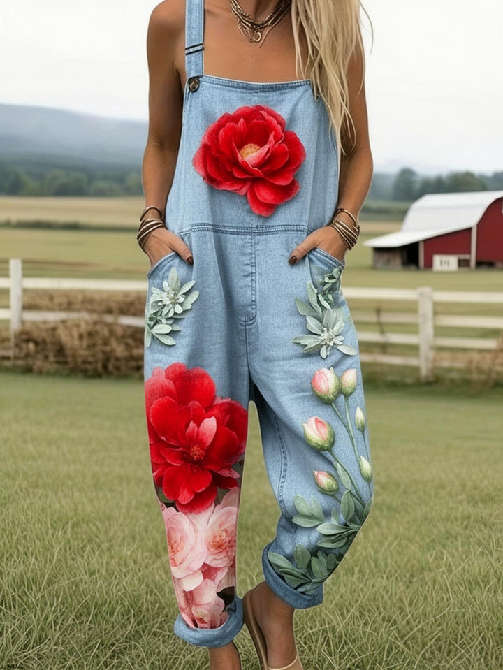 Plus Size - Plus Size - Plus Size, Dames Full Printed Overalls Jumpsuit Bloemen Denim Overalls Dames Boho Stijl Zomer Tuin Look Casual Jumpsuit Fashion Outfit Print Romper met Zakken, Geschikt voor Lente Zomer Herfst