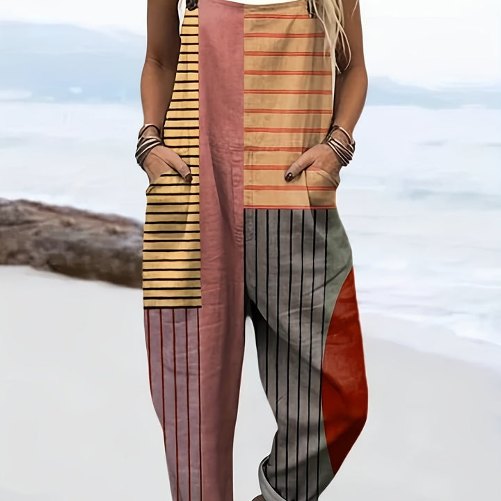 Plus Size - Plus Size - Plus Size Dames Casual Raw Bedrukte Overalls, Retro Gespleten Gestreepte Overalls, Dames Losse Casual Jumpsuits, Zomer Strand Reis Mode Items