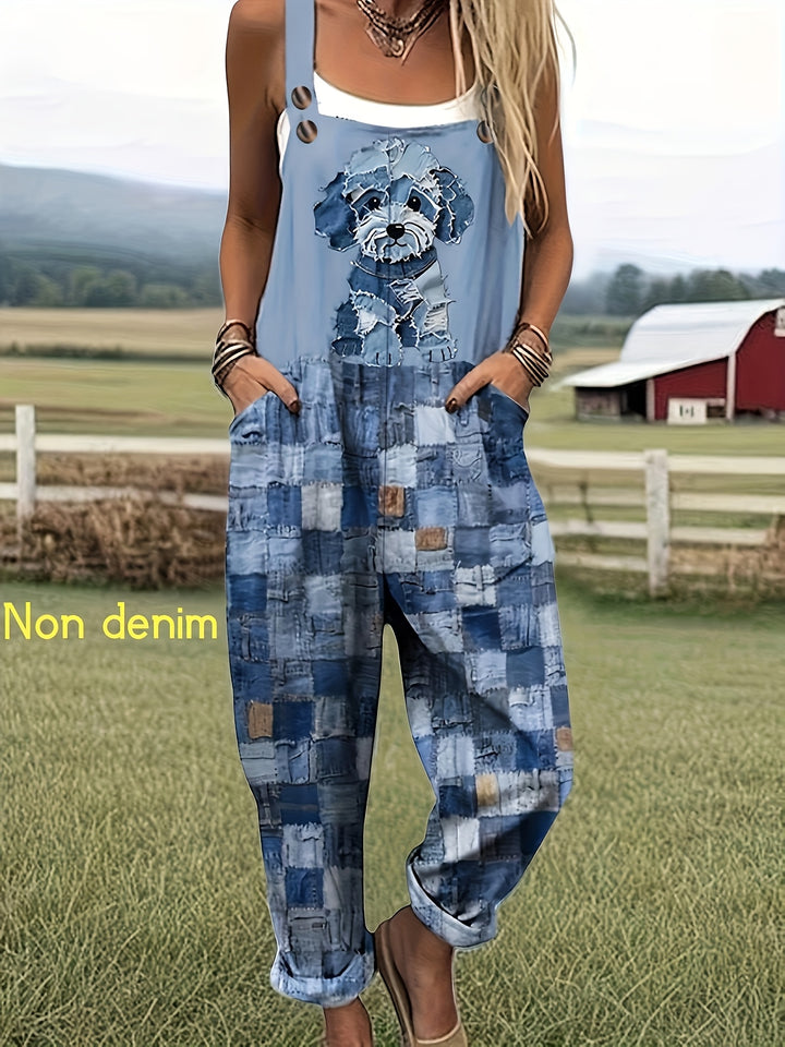 [Bedrukte Broek - Geen Denim Stof] Puppy Imitatie Denim Patchwork Print Losse Casual Mouwloze Tuinbroek met Zakken - BJ040