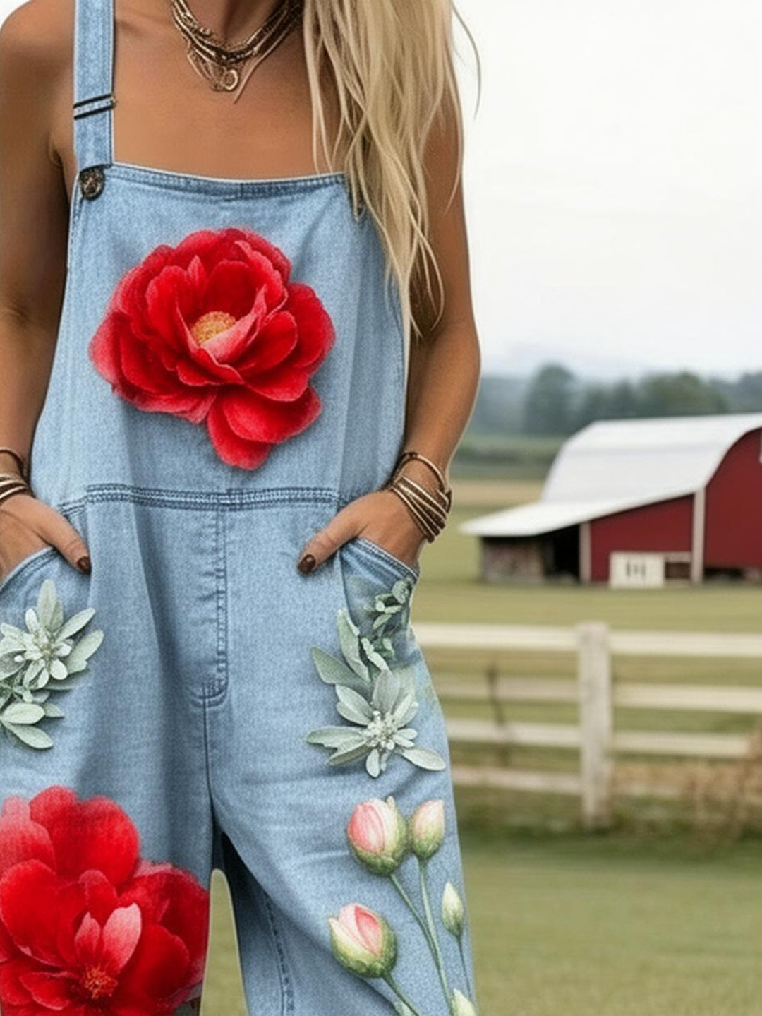 Plus Size - Plus Size - Plus Size, Dames Full Printed Overalls Jumpsuit Bloemen Denim Overalls Dames Boho Stijl Zomer Tuin Look Casual Jumpsuit Fashion Outfit Print Romper met Zakken, Geschikt voor Lente Zomer Herfst