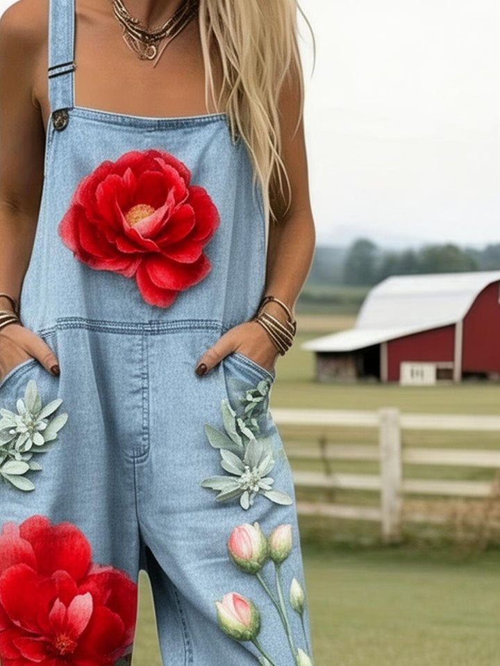 Plus Size - Plus Size - Plus Size, Dames Full Printed Overalls Jumpsuit Bloemen Denim Overalls Dames Boho Stijl Zomer Tuin Look Casual Jumpsuit Fashion Outfit Print Romper met Zakken, Geschikt voor Lente Zomer Herfst
