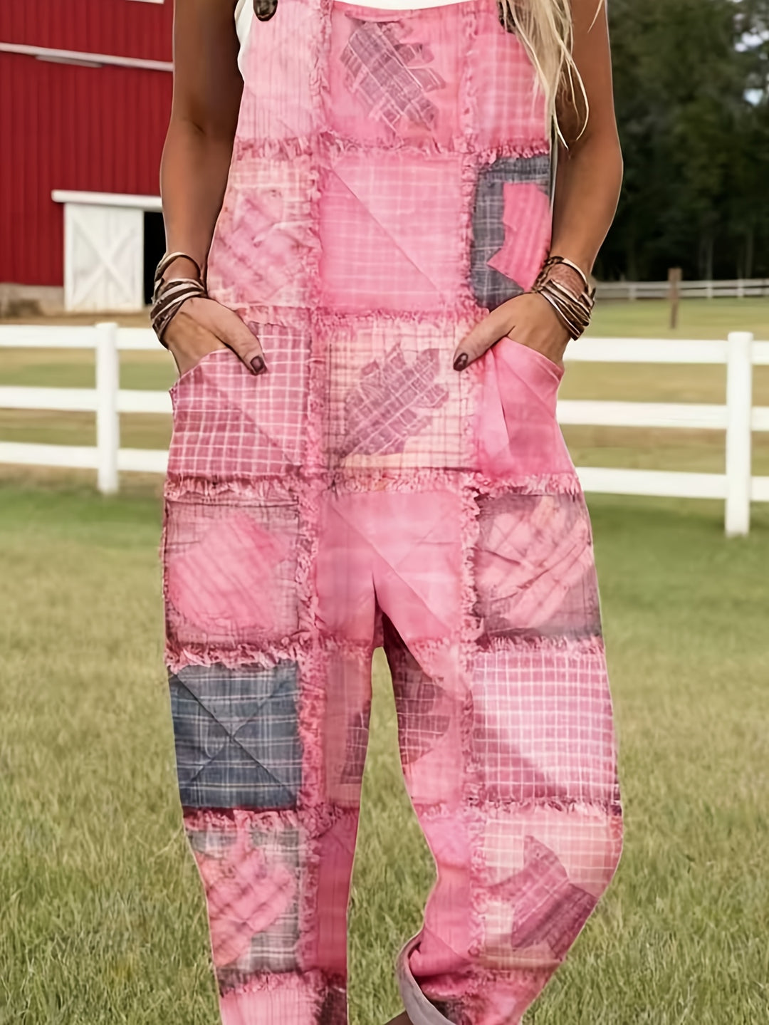 Grote maten, roze patchwork geruite tuinbroek, zomerse casual jumpsuit voor dames, losvallende broek, trendy