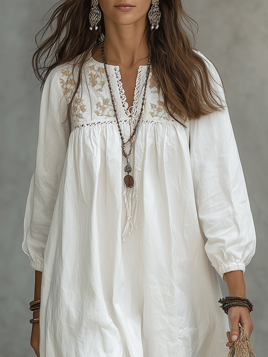 Bohemian White Maxi Dress with Floral Embroidery and Balloon Sleeves