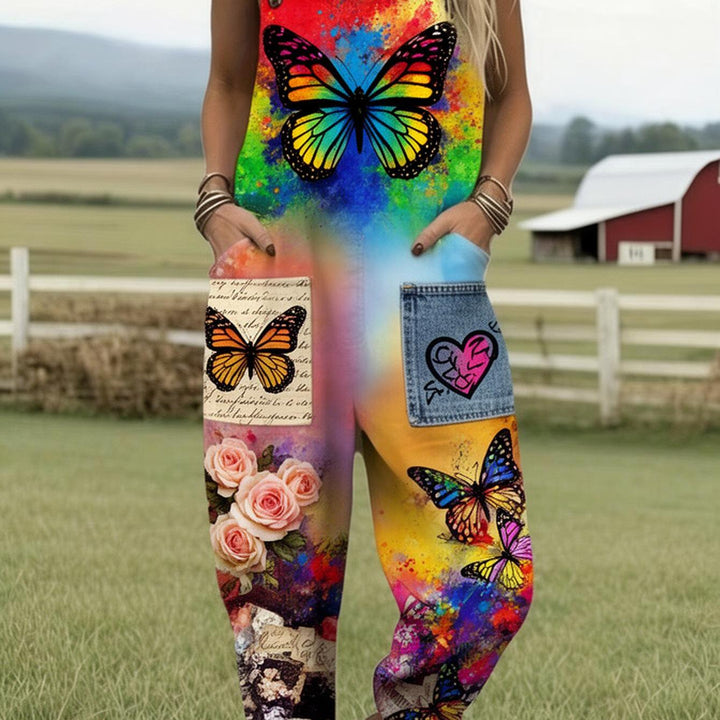Plus Size - Plus Size - Plus Size, Dames Volledig Bedrukte Overalls Jumpsuit Kleurrijke Vlinderprint Overalls Boho Stijl Dames Jumpsuit Tuinfeest Outfit Zomer Mode Print Romper met Zakken, Geschikt voor Lente Zomer Herfst