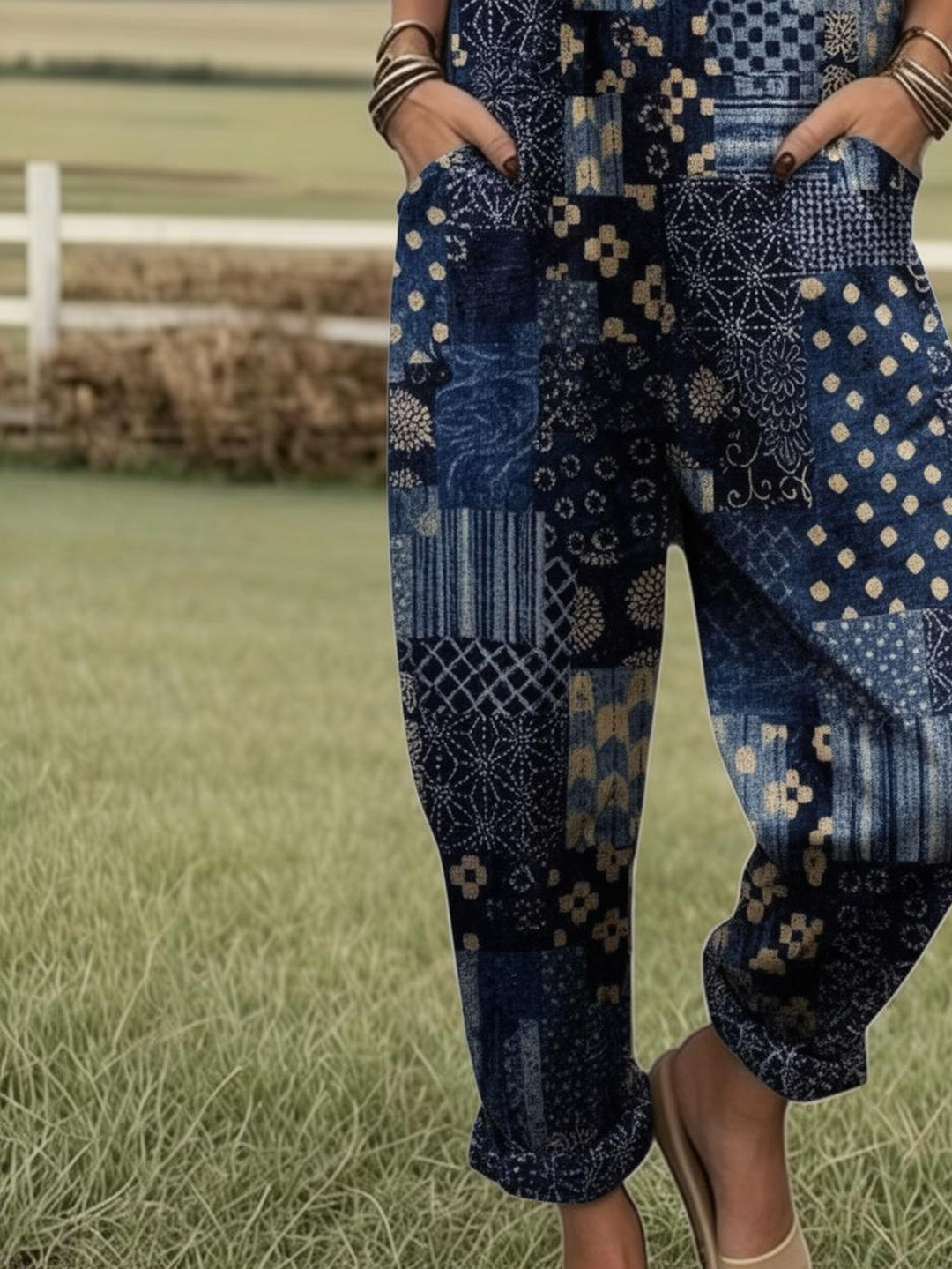 Plus Size - Plus Size - Plus Size, Dames Full Printed Overalls Jumpsuit Boho Patchwork Overalls Dames Boheemse Stijl Blauwe Print Jumpsuit Casual Zomer Outfit Boerderij Veld Look Print Romper met Zakken, Geschikt voor Lente Zomer Herfst