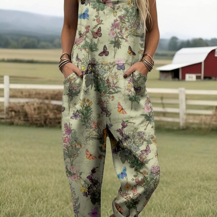Grote maten, dames overall met volledige print, jumpsuit met bloemen- en vlinderprint, dames boho zomer overall, casual outfit in landelijke stijl voor boerderij- en tuinlook, romper met print en zakken, geschikt voor lente, zomer, herfst, machinewasbare