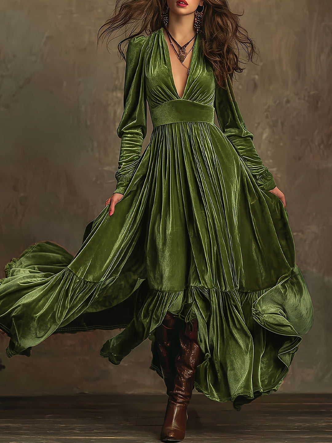 SERAFINA | RETRO OVERSIZED SKIRT LONG DRESS WITH DEEP V-NECK