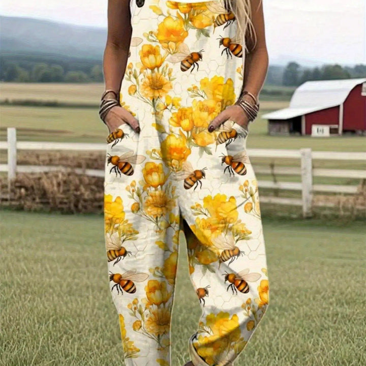 Plus Size - Plus Size - Plus Size Dames Casual Tuinbroek met Bij- en Bloemenprint, met Levendige Gele Bijen en Zwarte Bloempatronen, Gemaakt van Lichtgewicht en Ademende Stof, Machinewasbaar