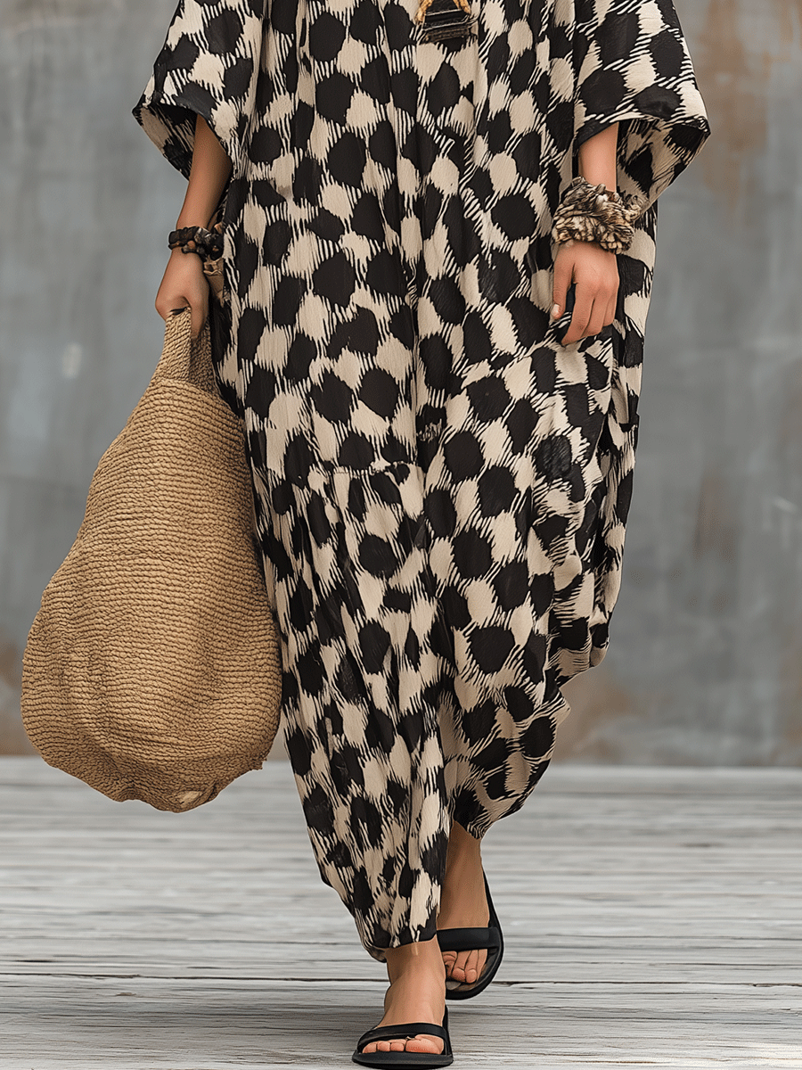 Bohemian Inspired Relaxed Fit Polka Dot Kaftan Maxi Dress