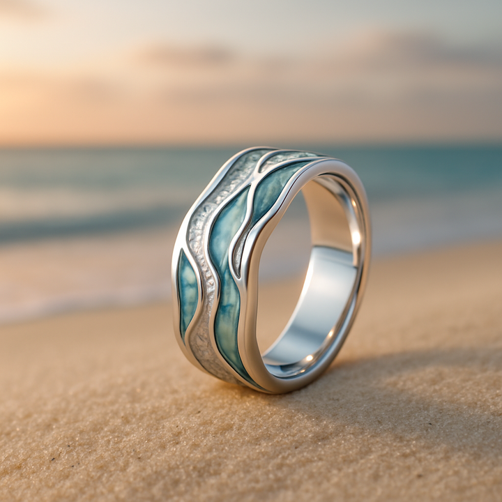 Elegant Silver and Turquoise Ring with Wave Patterns