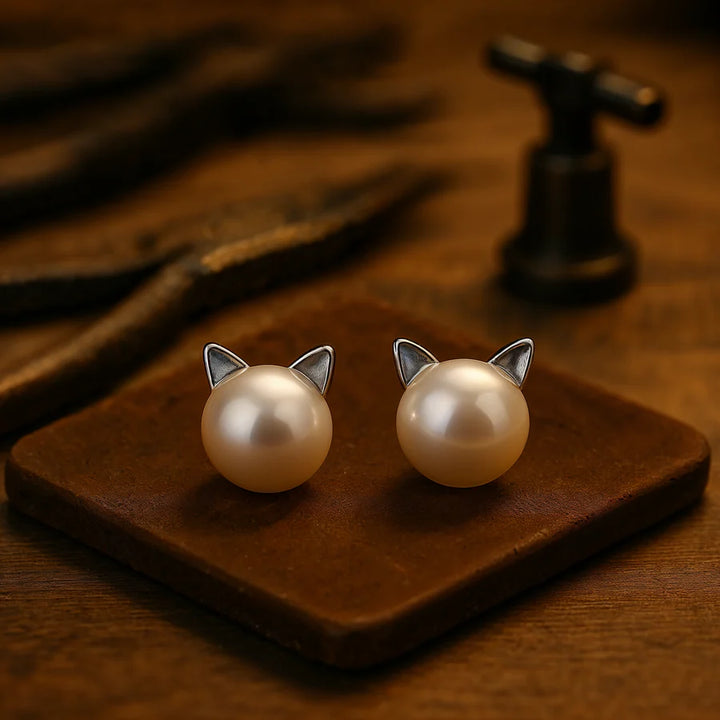 Sterling Silver Cat Pearl Stud Earrings