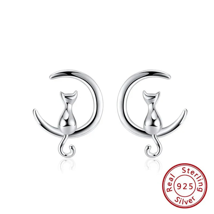 Moon & Cat Sterling Silver Stud Cat Earrings